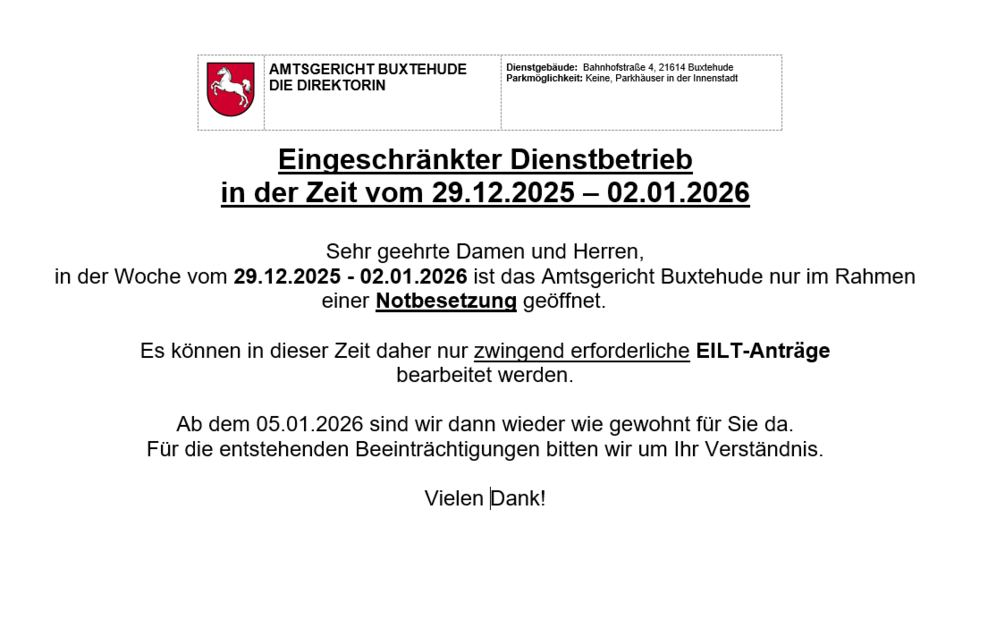 Eingeschränkter Dienstbetrieb am 29.12.2025 bis 02.01.2025