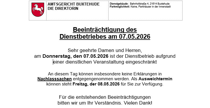 Eingeschränkter Dienstbetrieb am 07.05.2026