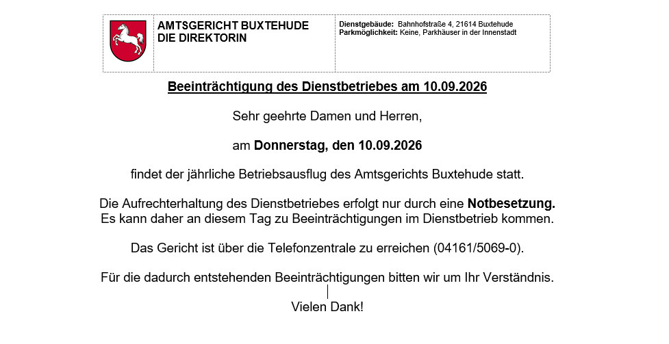Eingeschränkter Dienstbetrieb am 10.09.2026