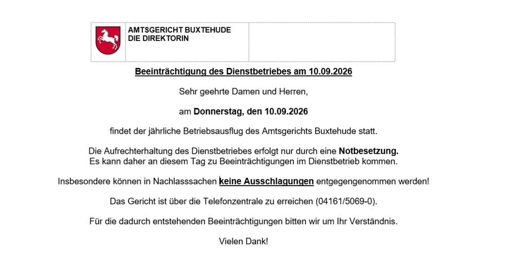Eingeschränkter Dienstbetrieb am 10.09.2026